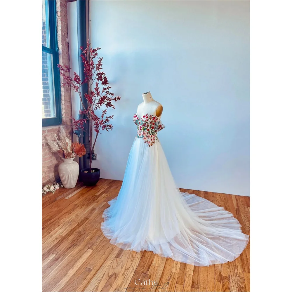 Cathy White Flowers Embroidery Strapless Wedding Dresses Head Veil vestidos de noche Mesh Fabric Floor-Length Formal Evening