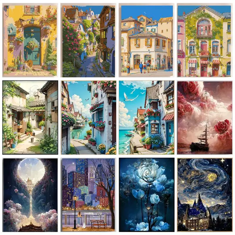 CHENISTORY Modern Painting By Numbers Handmade Acrylic Paints Town Landscape Number Painting For Adults Gift Wall Art On Canvas