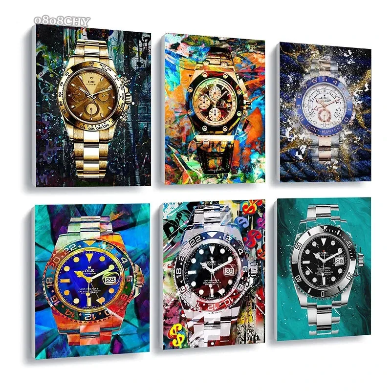 Luxury Watch Graffiti Art Canvas Painting Famous Watch Wall Art Posters Prints Fashion Wall Art Pictures for Living Room Decor