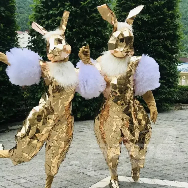 Festival Outfit Carnival Stage Pereformance Rabbit Mirror Women Costume Gold Cosplay Jumpsuit Adult Party Rave Show Men Outfits