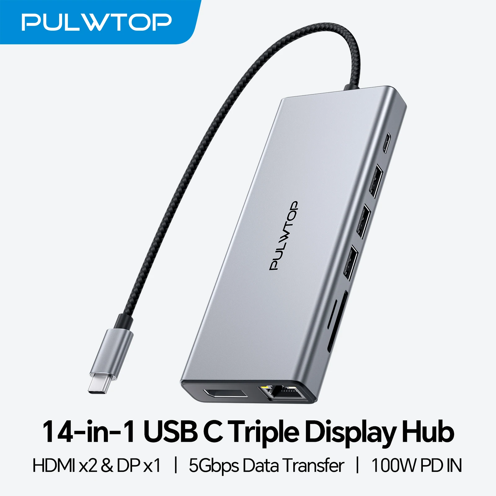 محطة إرساء USB C 14 في 1 من PULWTOP شاشة مزدوجة لأجهزة MacBook وDell وHP مع HDMI مزدوج + DP + إيثرنت + SD/TF + منفذ USB C + Audio + PD #1