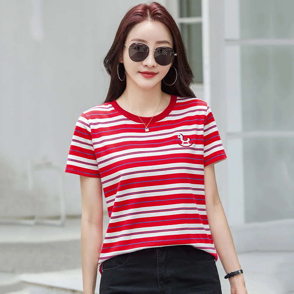 New Women Casual Embroidery T-shirt Summer Fashion Contrast Color O-Neck Short Sleeve Loose T-shirt Simplicity Basic Tees Female