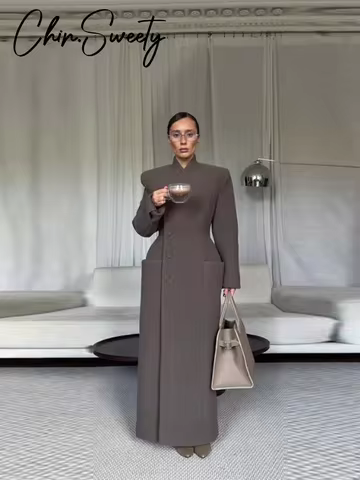 Solid Women's Long Coat V-Neck Single-Breasted Waist-Closed Full Sleeve Female Jacket 2025 Autumn Winter Lady Streetwear New