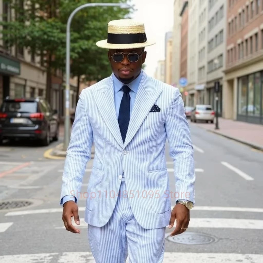 

Модный мужской полосатый костюм из хлопчатобумажной ткани, комплект из двух предметов, летний однобортный повседневный пиджак, классические брюки, офисные свадебные мероприятия