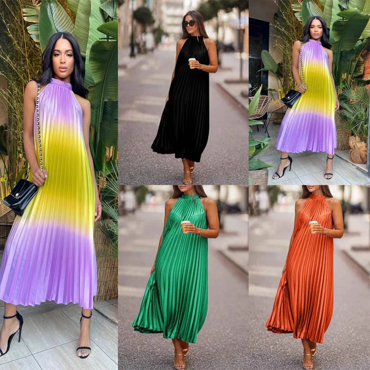 Gradient Halter Neck Pleated Dresses Women Fashion Trendy Loose Sleeveless Long Dress Casual Summer Vacation Vestidos Streetwear