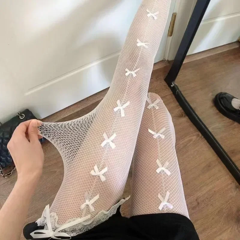 Damen-Strumpfhosen Sexy Einlinien-Design Netzstrumpfhose mit Kleiner Schleife Übergröße Damen-Strümpfe Neu