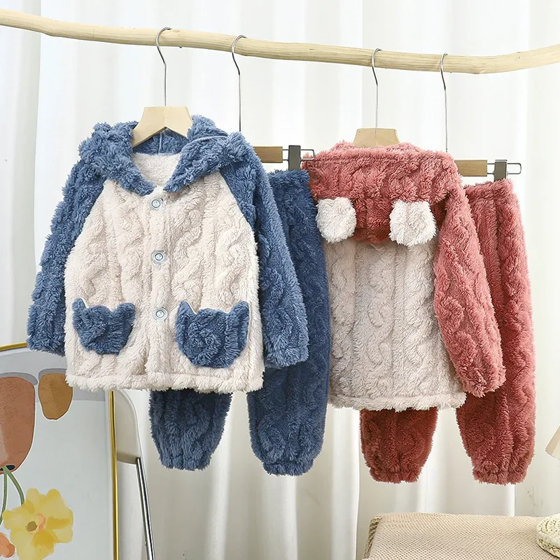 2023 Winter Girls Boys Casual Soft Thick Warm 2pcs Suit Baby Kids Children Fleece Clothing Set Coat+ Pant