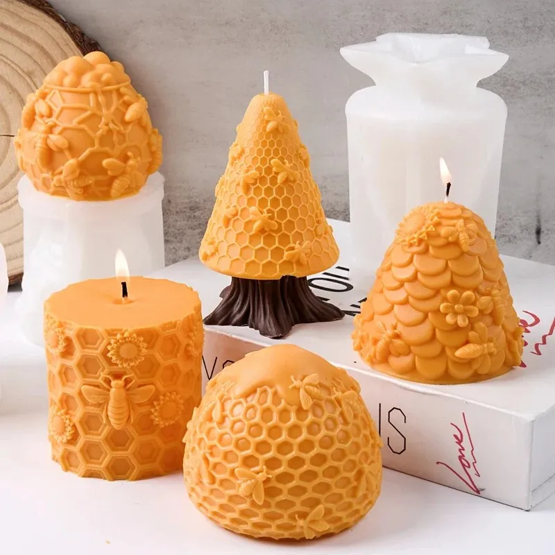 A Top-Quality 3D Bee Honeycomb Silicone Candle Molds Beehive Pillar Mold Diy Cylinder Beeswax Scented Plaster Candle Soap Mold
