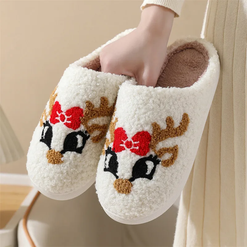 Plush Cozy Christmas Santa Slippers for Couples Indoor Winter Home Footwear Soft Warm Cute Cartoon House Shoes