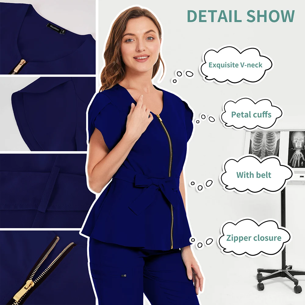 Uniforme médico ajustado, uniforme de enfermera, cinturón de alta calidad, Tops exfoliantes de Color sólido, ropa de trabajo para salón de belleza, camisa de médico, venta al por mayor, nuevo