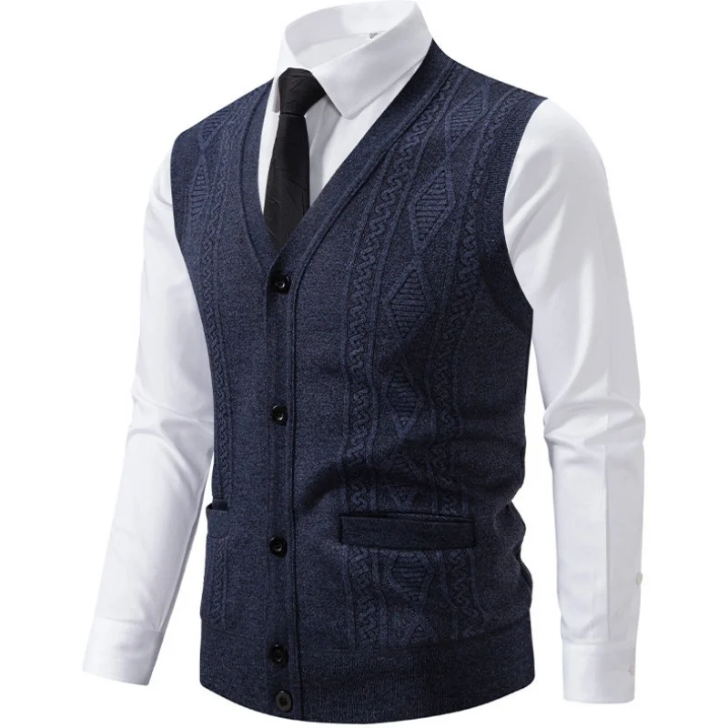 

Men V-Neck Solid Color Smart Casual Knitted Waistcoat Mens Geometric Sleeveless Knit VestAutumn Winter Warm Slim Fit Knit Vests