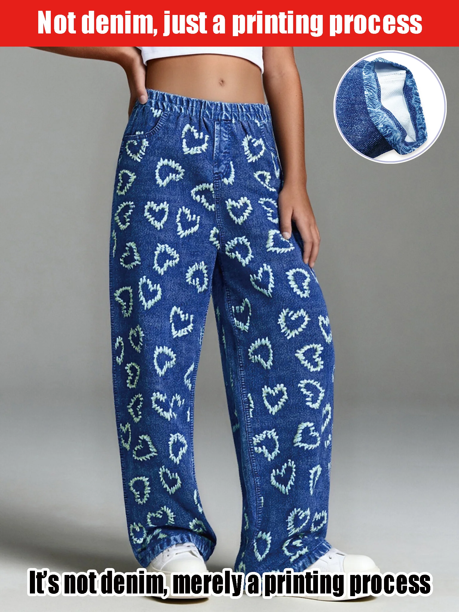 

2025 Girls Trendy Heart Print Regular Fit Long Pants Imitation Denim Style Kids Fashion Casual Imitation Denim