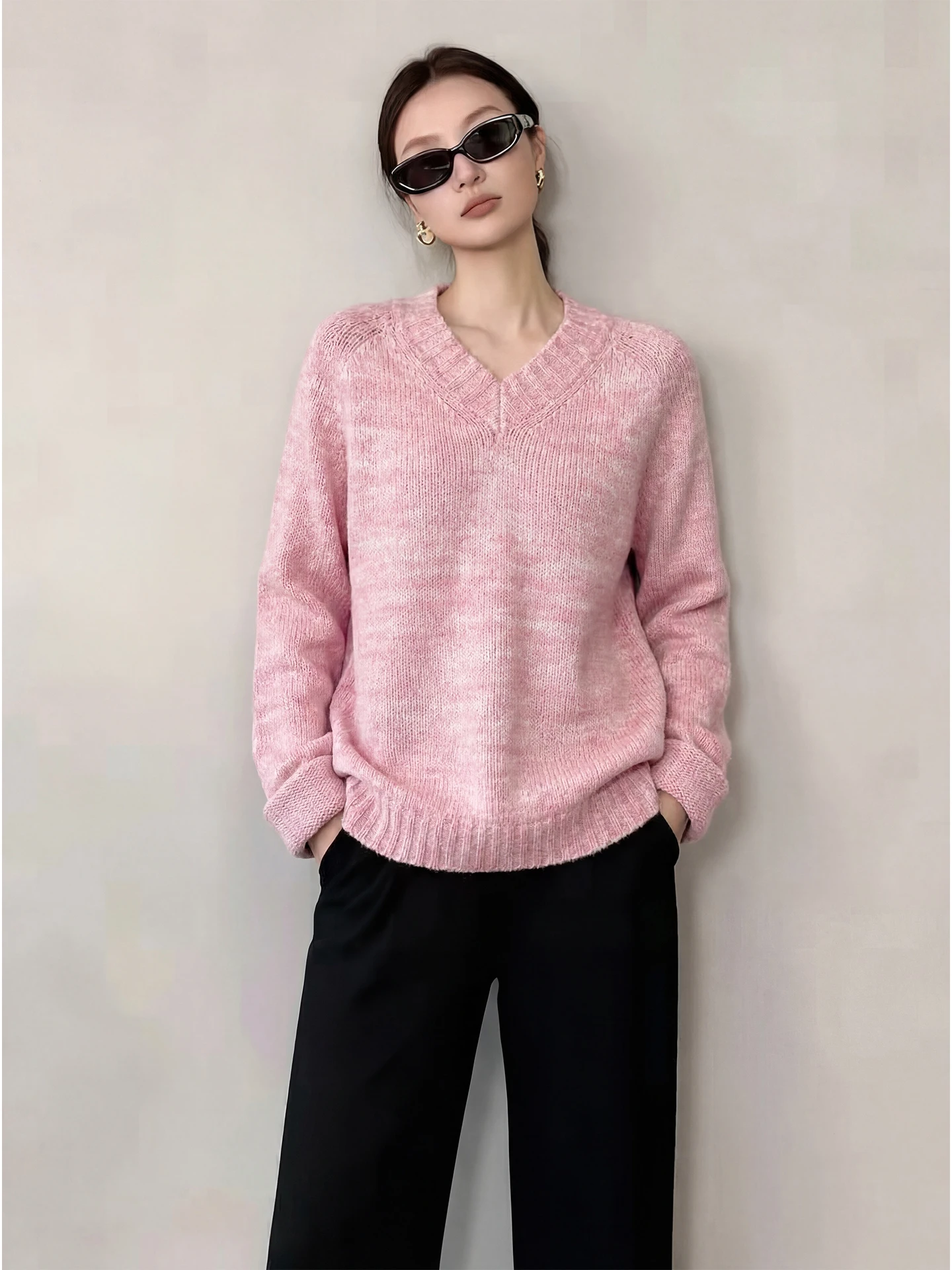 

Pink Knitted Sweater Women's Loose V-ne Soft Outerwear Korean Sle Spring Faion Casual Comfortable Long Sve Top