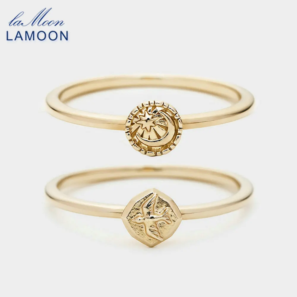 LAMOON 925 Sterling Silver Rings For Women Vintage Star Moon Dove Emblem Pinky Knuckle Ring Gold Color Fine Jewelry Accessories