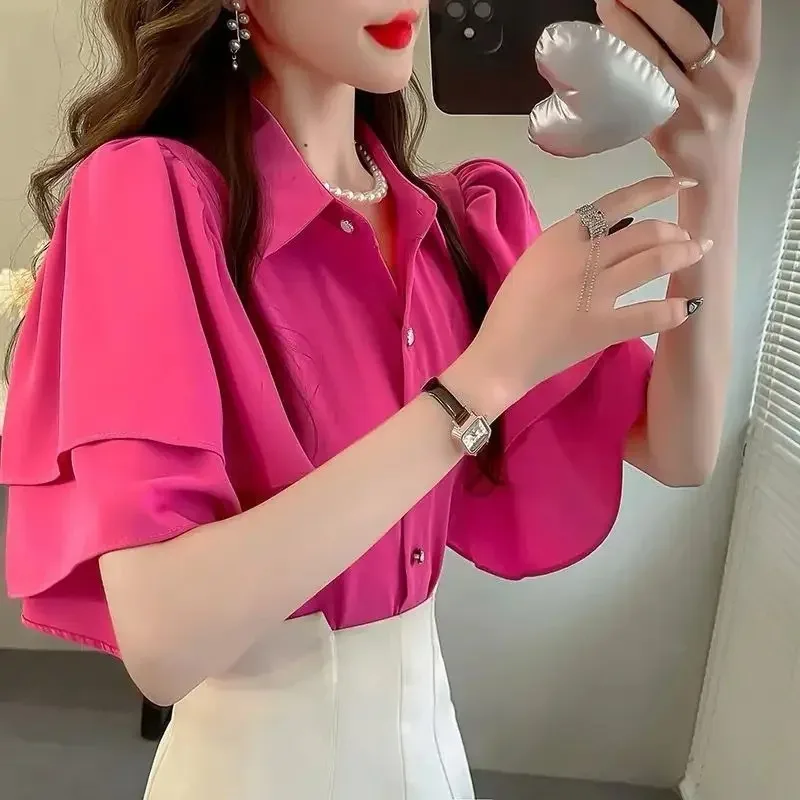 

5 Colors Hot French Lady's Summer Loose Shirt Women's 2025 New Loose Blouse Solid Color Ruffle Short Sleeve Chiffon Top