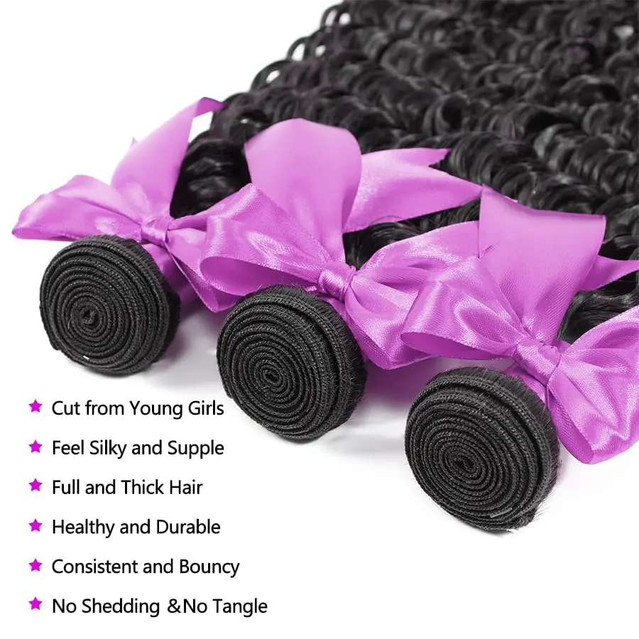 10A Deep Wave Bundles Human Hair  Brazilian Deep Wave Curly  Bundles  Double Weft Deep Wave Hair Bundles Natural Black