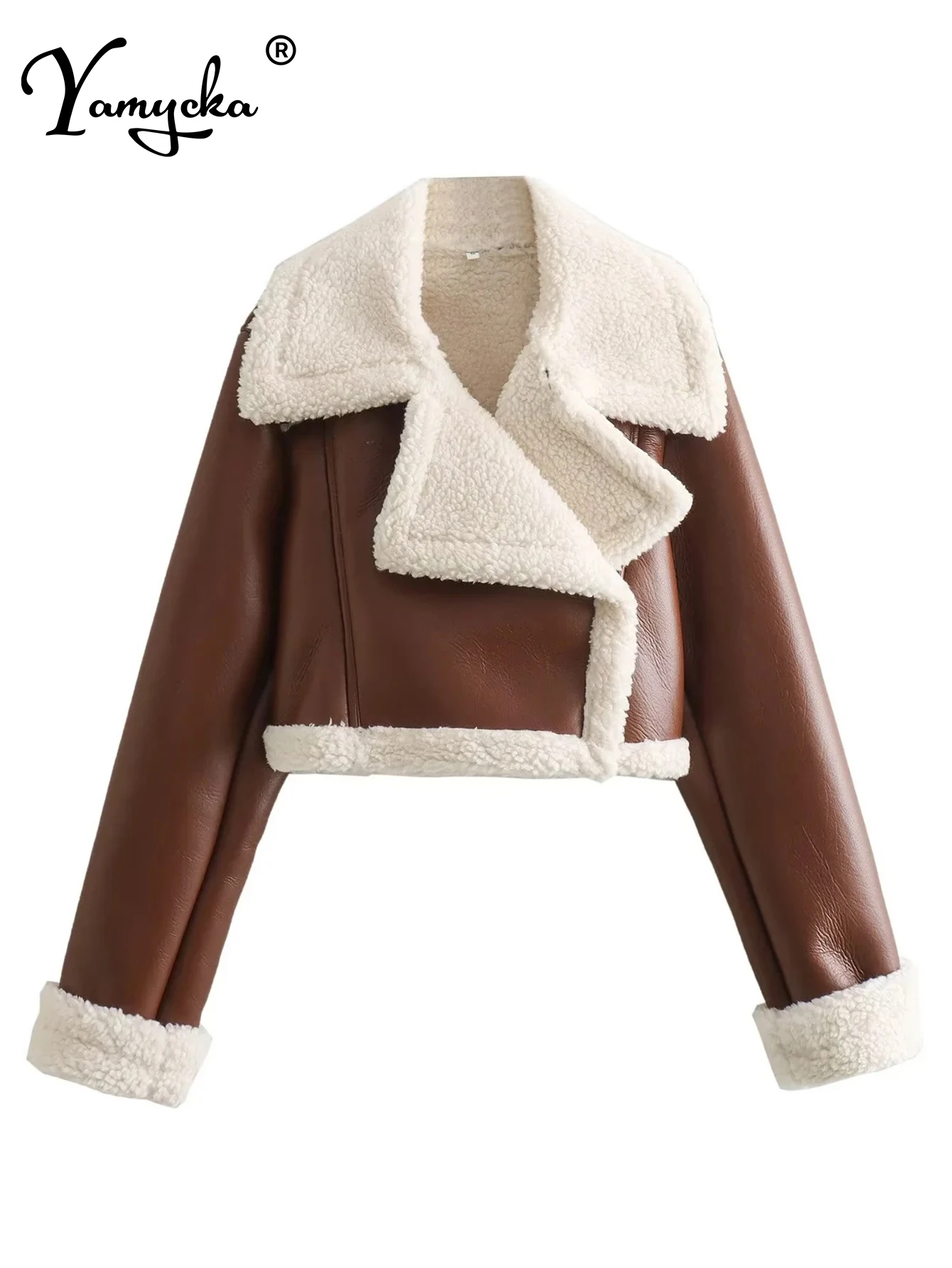 

Sexy fashion black jacket outerwears women winter thick warm faux shearling short jackets woman vintage long sleeve tops coat