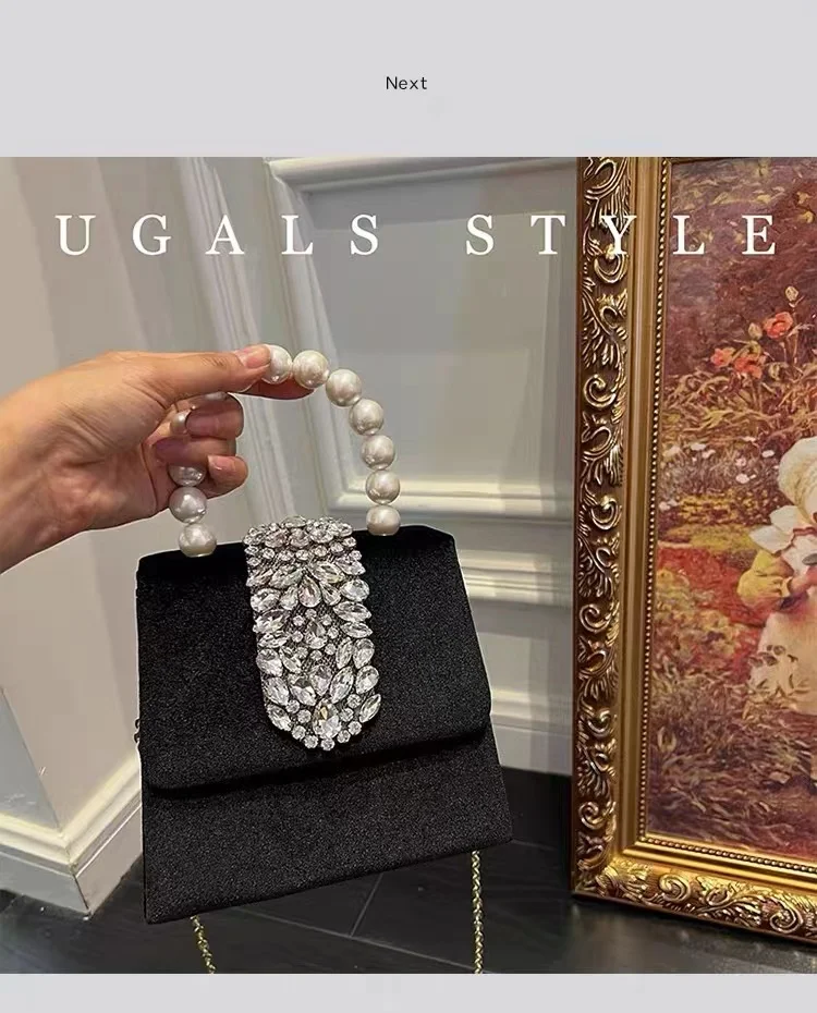 

Luxury Velvet Square Bag Pearl Beaded Women's Handbag Crystal Shiny Diamonds Evening Bag Wedding Party Clutch Purse Shoulder Bag