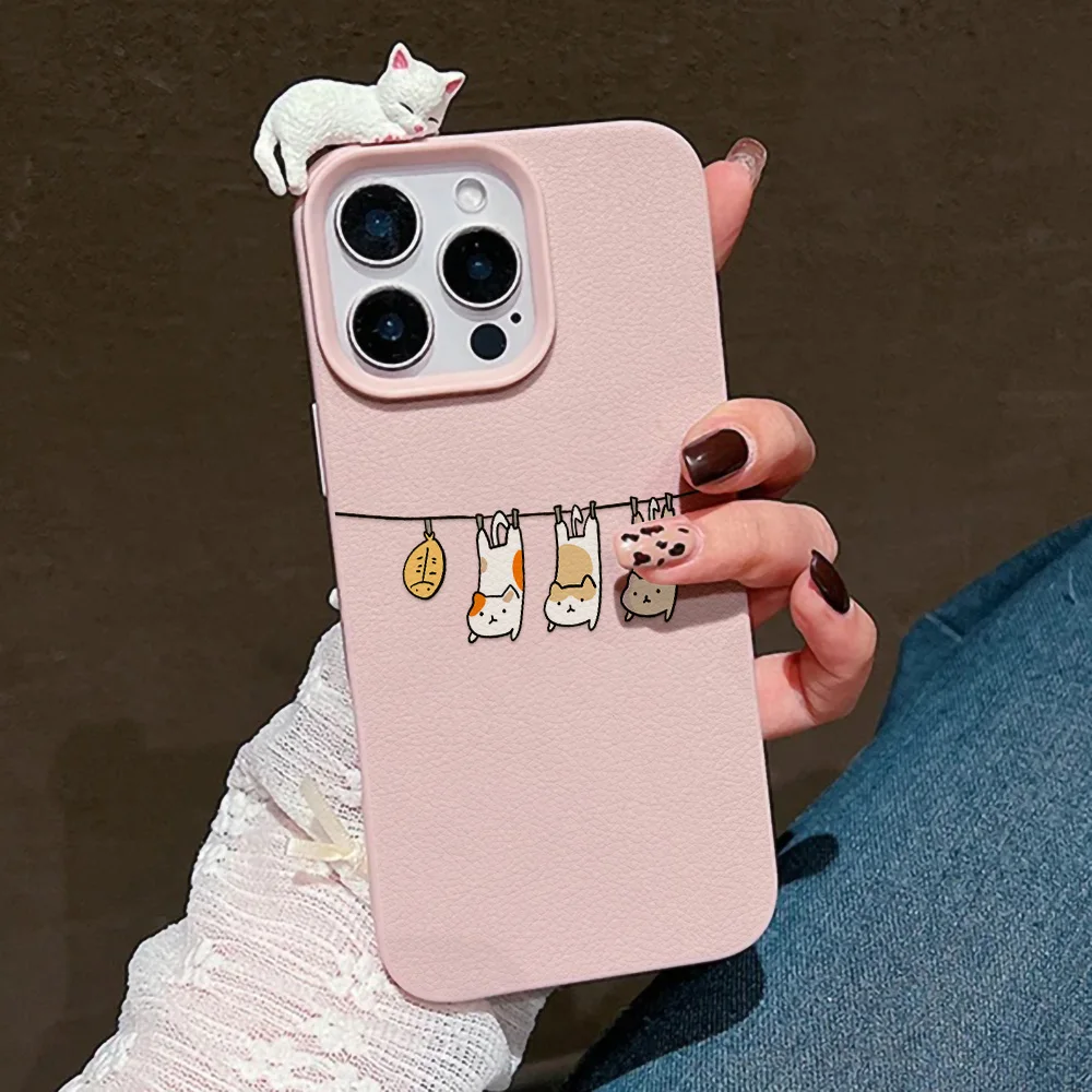 3D Cute Cartoon Cat Leather Case For iPhone 17 Pro Max Cover iPhone 17 Air 11 15 12 13 16 14 Pro Max 15 16 Plus Soft Funda Cases