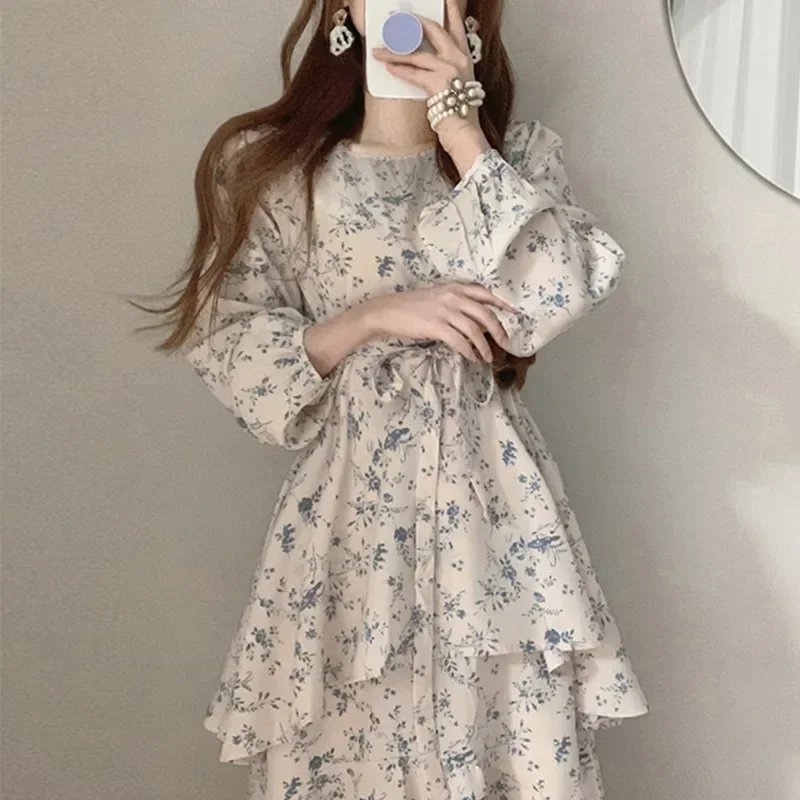 

Women Summer Lace Up Chiffon Dress Sweet O Neck Elegant Streetwears Korean Fashion Chic Floral Double Decker Skirt Y2k Dresses