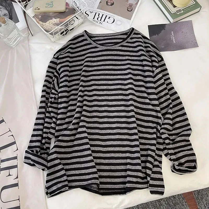 Streetwear Striped Long Sleeve T Shirt Women Spring Autumn New Loose Casual O Neck Tops Korean Vintage Female Tees Bottoming