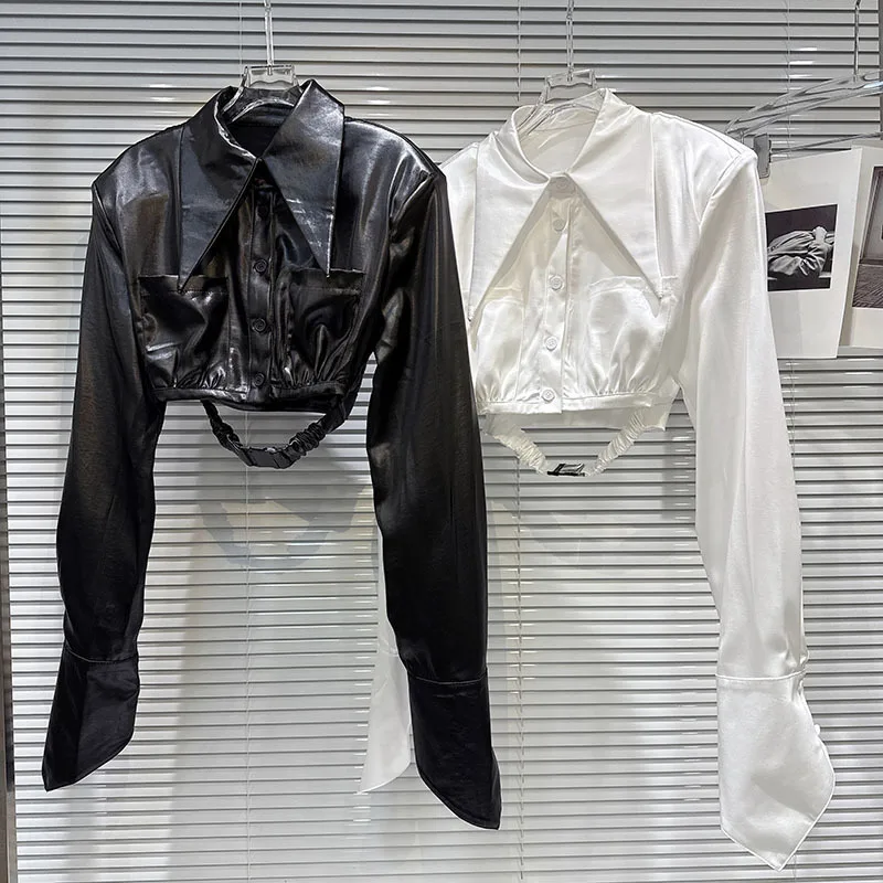 HKSH 秋の新女性ショートシャツターンダウン襟長袖シングルブレストサテンエレガントでスタイリッシュなパンクストリートトップ HK10188