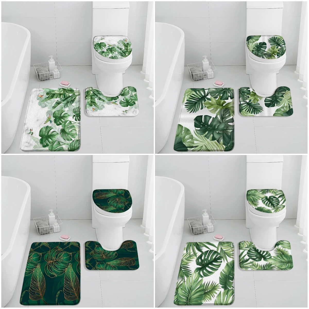 Tropical Leaves Monstera Bath Mat Set Palm Banana Leaves Minimalist Modern Bathtub Rug Flannel Home Carpet Toilet Lid Cover