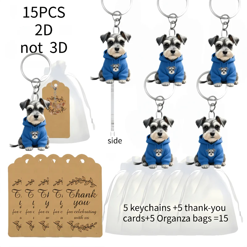 5sets Cute Puppy Keychains Includes 2D Acrylic Pendants & Thank You Cards & Gift Mesh Bags Backpacks Wallet Decorations Gifts