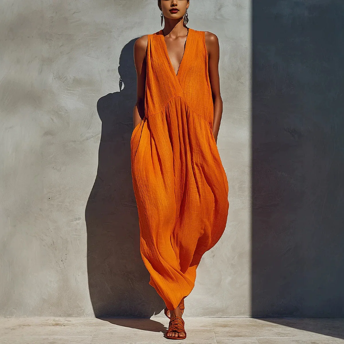 Elegant V-Neck Sleeveless Long Dress, Flowy Loose Fit Dresses for Spring Summer, Casual Maxi Dresses with Matching Sets