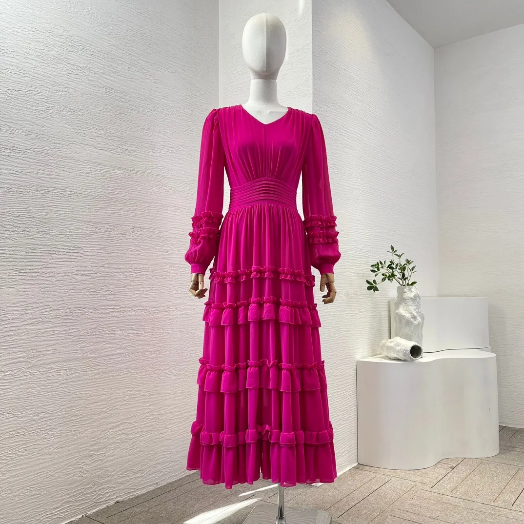 

2024 New Rose Red Lace Big Swing Ruched Long Sleeve Midi Dress for Women