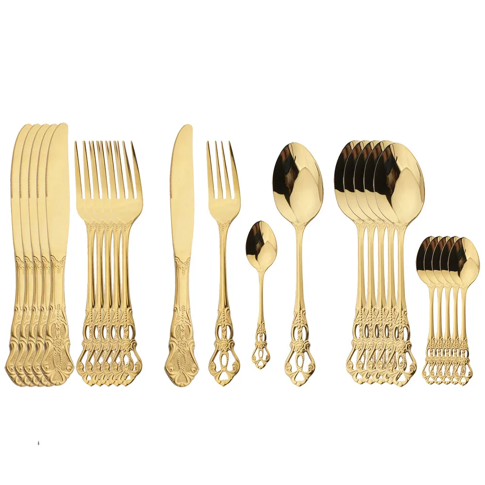 

24Pcs Cutlery Set Vintage Knife Fork Teaspoon Dinnerware Stainless Steel Coffee Spoon Western Gold Tableware Kitchen Flatware