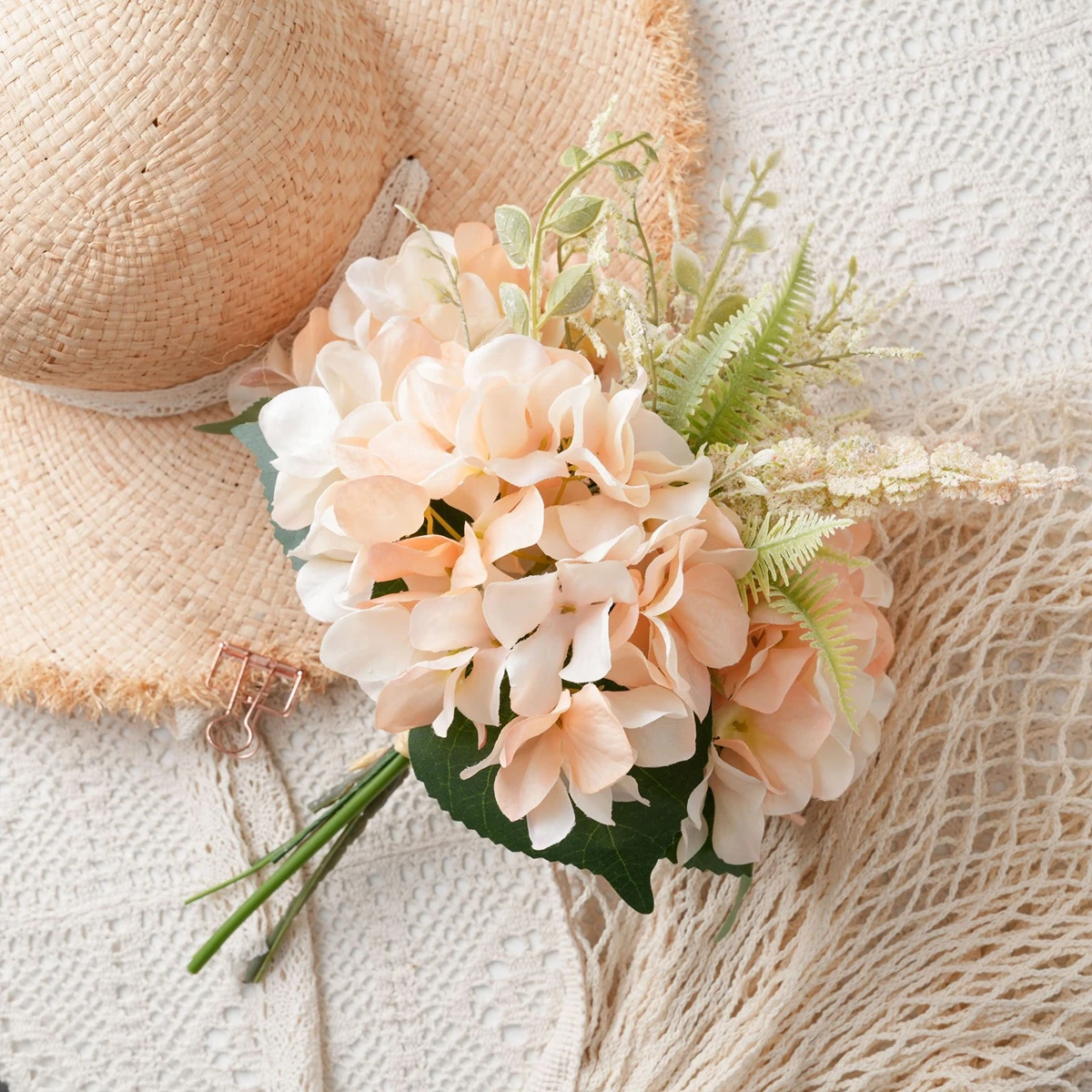 

Artificial Champagne Pink Hydrangea Bouquet, Fake Silk Flower with Greenery, Home Wedding Table Centerpiece, Bridesmaid Bouquet