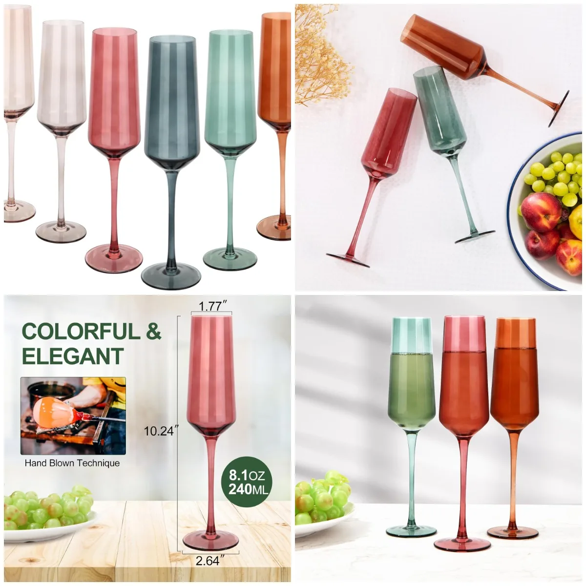 

Набор из 6 разноцветных флейт для шампанского, хрустальные бокалы ручной работы на 8 унций, бессвинцовая посуда в итальянском стиле — элегантная подарочная коробка для Wed