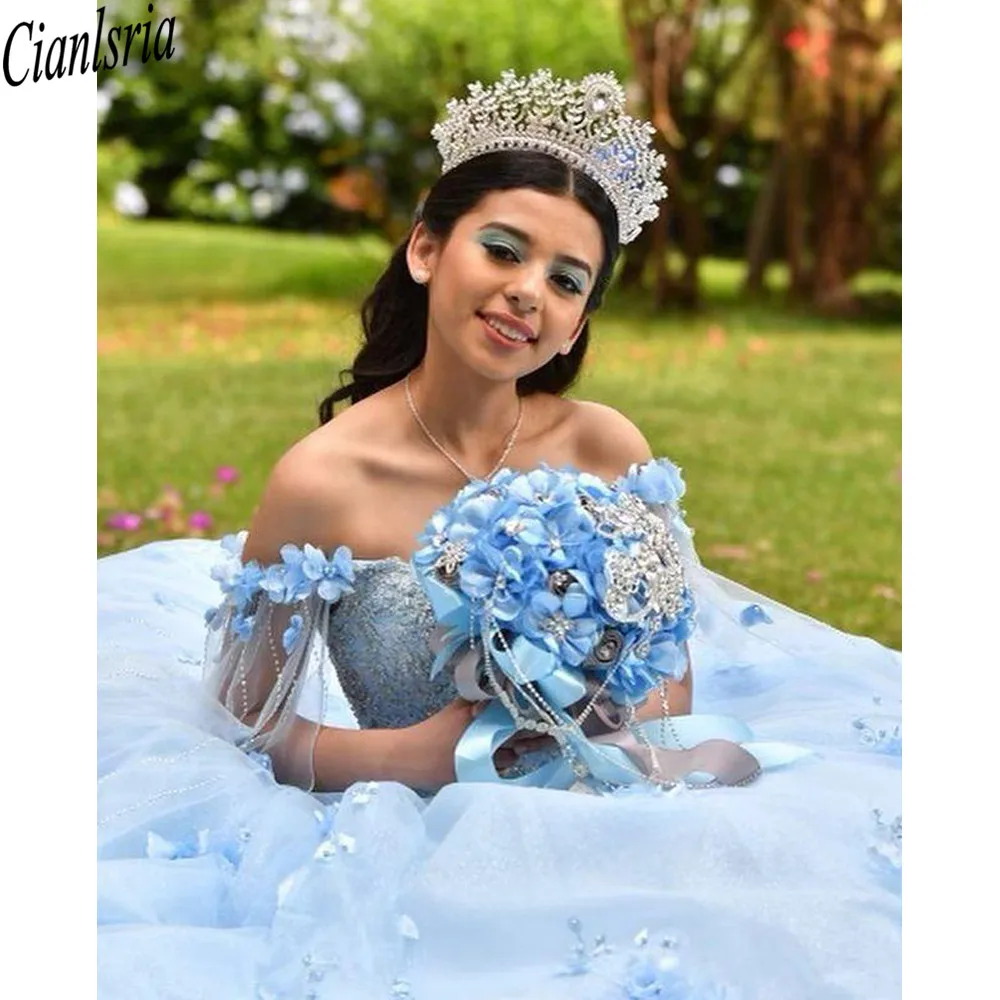 Vestido de baile azul cielo, quinceañera con capa, 15 años, 2022, apliques florales, sin espalda, dulce 16, vestidos de desfile