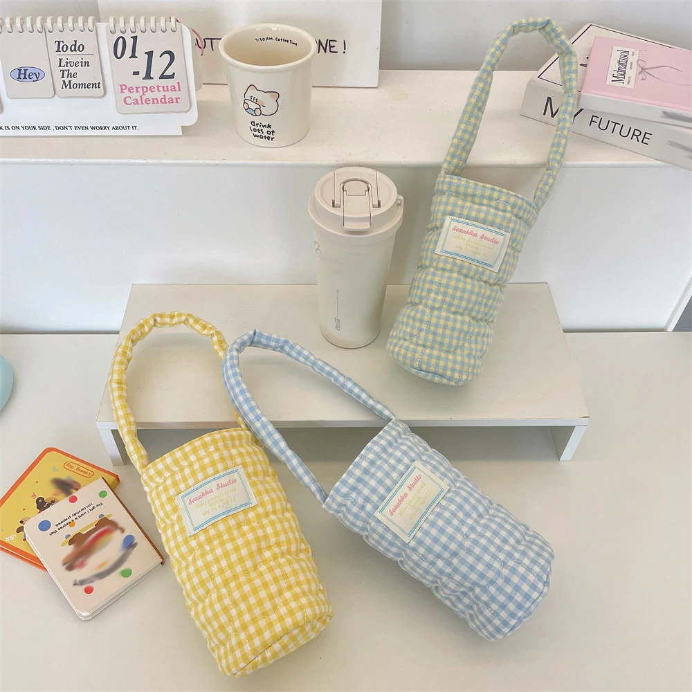 New Portable Cotton Plaid Cup Holder Handbag Soft Anti-Scalding Small Carry-On Bag Floral Embroidery Fabric Tote Bag
