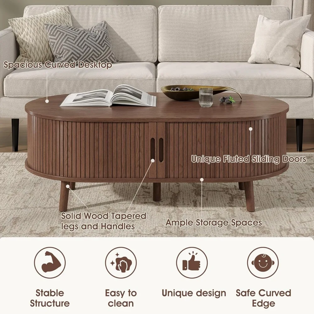 Stolik kawowy w stylu mid-century modern z przesuwanymi drzwiami i ukrytym schowkiem z rowkami do salonu, dekoracja domu, meble funkcjonalne, USA