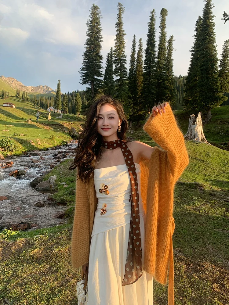 

Кардиган Tina Fairy "Dusk Orange" с круглым вырезом и одной пуговицей, осенний, теплый, с длинными рукавами, вязаный, однотонный