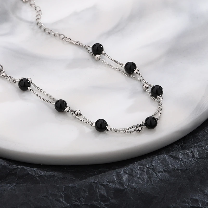 KOFSAC Vintage Trendy Black Beads Bracelets For Women 925 Sterling Silver Jewelry Glamorous Two Chain Bracelet Girl Gift