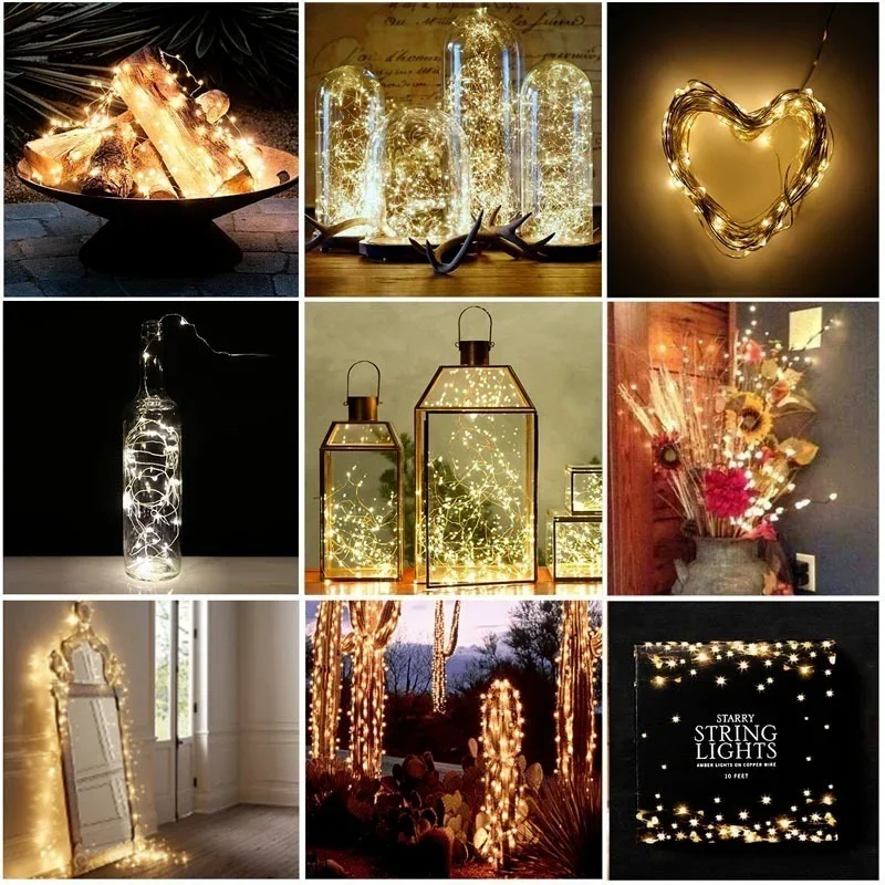 LED Copper Wire String Lights para decoração de Natal, bateria, Fairy Lights, 8 funções