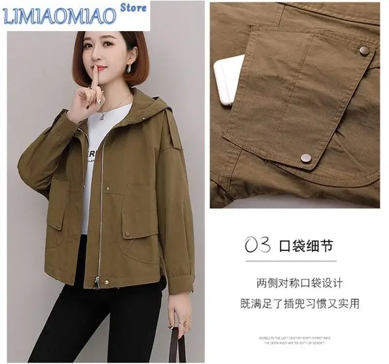 New 4XL Windbreaker Women Spring And Autumn Hooded Korean version of Loose Short Hooded Coat Silm Casual Pocket Coat Female