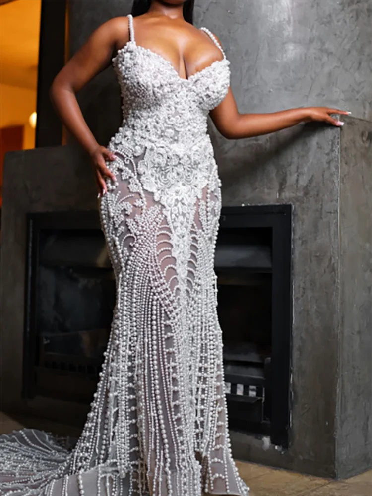 ชุดแต่งงานเจ้าสาวทรงเมอร์เมดแบบหรูหรา ประดับเลื่อม แขนกุด  สามารถสั่งตัดได้