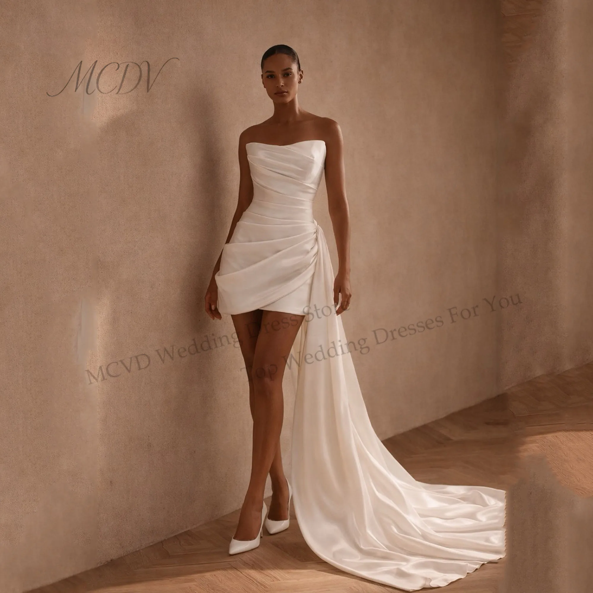 Satin Mini Wedding Dress Strapless Short Bride Gowns Sheath Elegant Bridal Gowns Vestido De Noiva Casamento Civil Customized