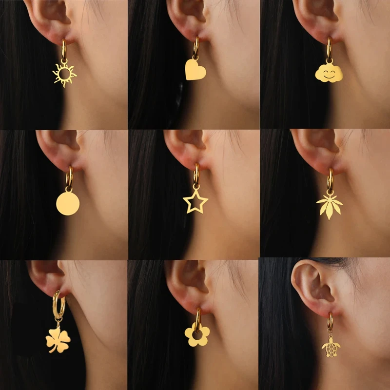 Stainless Steel Heart Flower Sun Hoop Earrings for Women Gold Color Girls Korean Elegant Circle Leaves Star Drop Earring Jewelry