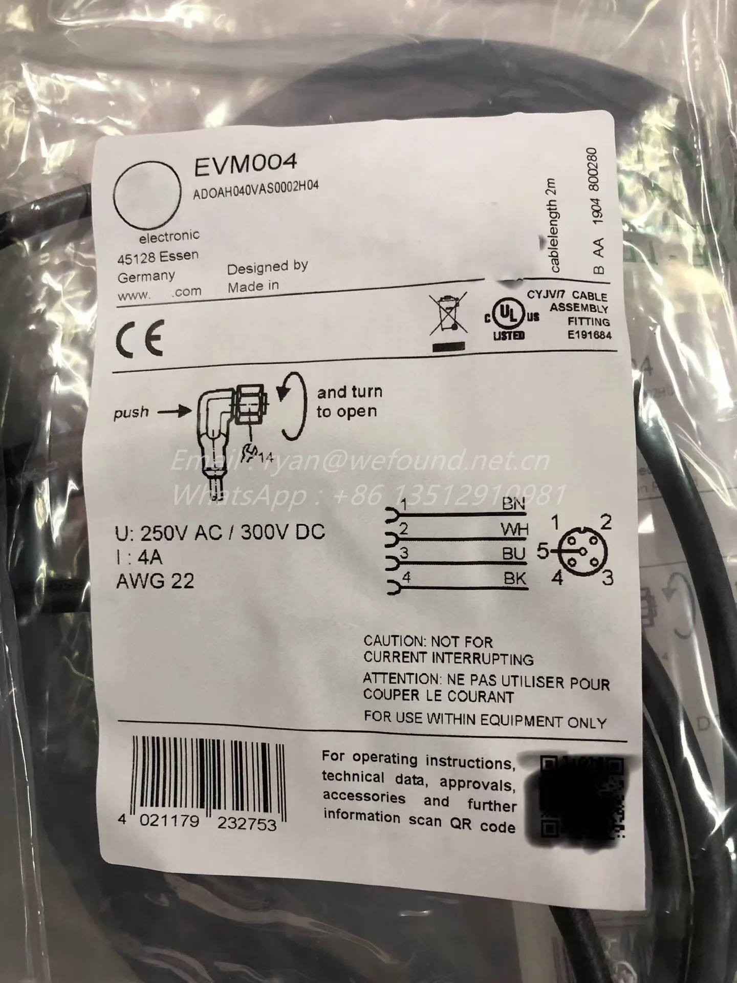 EVM004 for IFM Connecting cable with socket, ADOAH040VAS0002H04