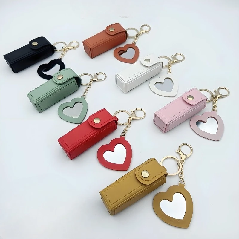 Popular Portable Lipstick Bag, Heart-shaped Mirror Lipstick Protective Leather Case, Cute Minimalist Key Chain Pendant