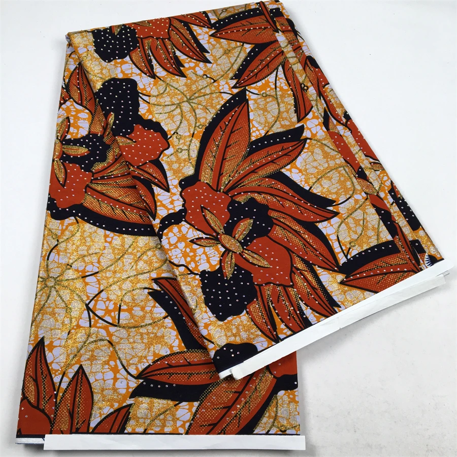 2026 New African Real Dutch Wax Fabric Gold Glitter Rhinestones Ankara Cotton Pagne Blue Floral Textile For Dashiki Boubou view 4