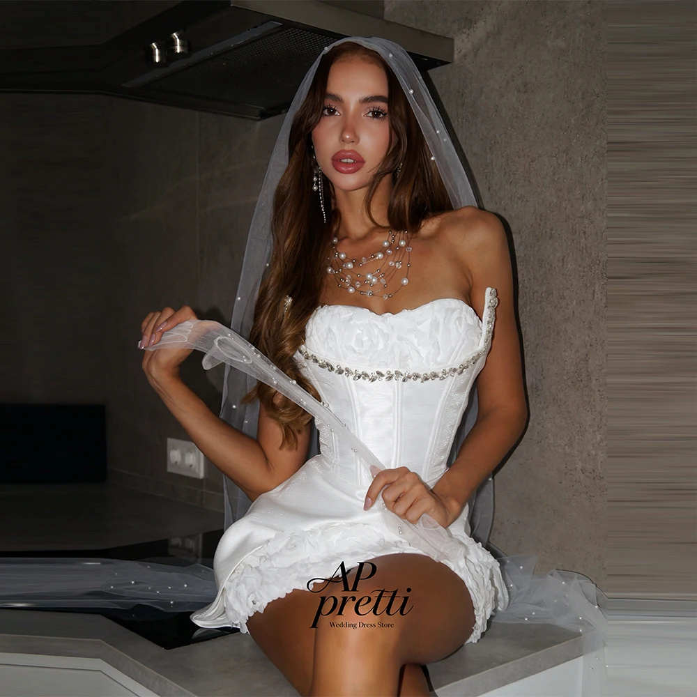 AP pretti Sexy Soft Satin Wedding Dresses For Women Applique Sweetheart Customized Sleeveless A-line Mini-Length Bridal Gown