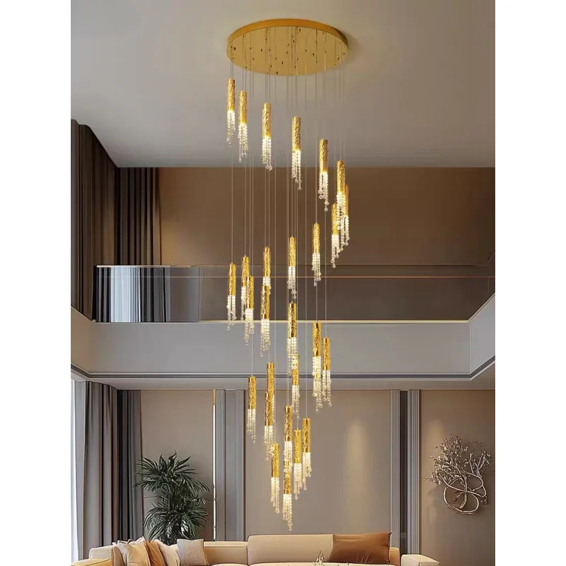 Luxury Crystal Chandelier Stainless Stee Water Ripple Spiral Staircase Long Duplex Lighting Customizable Fixtures‌