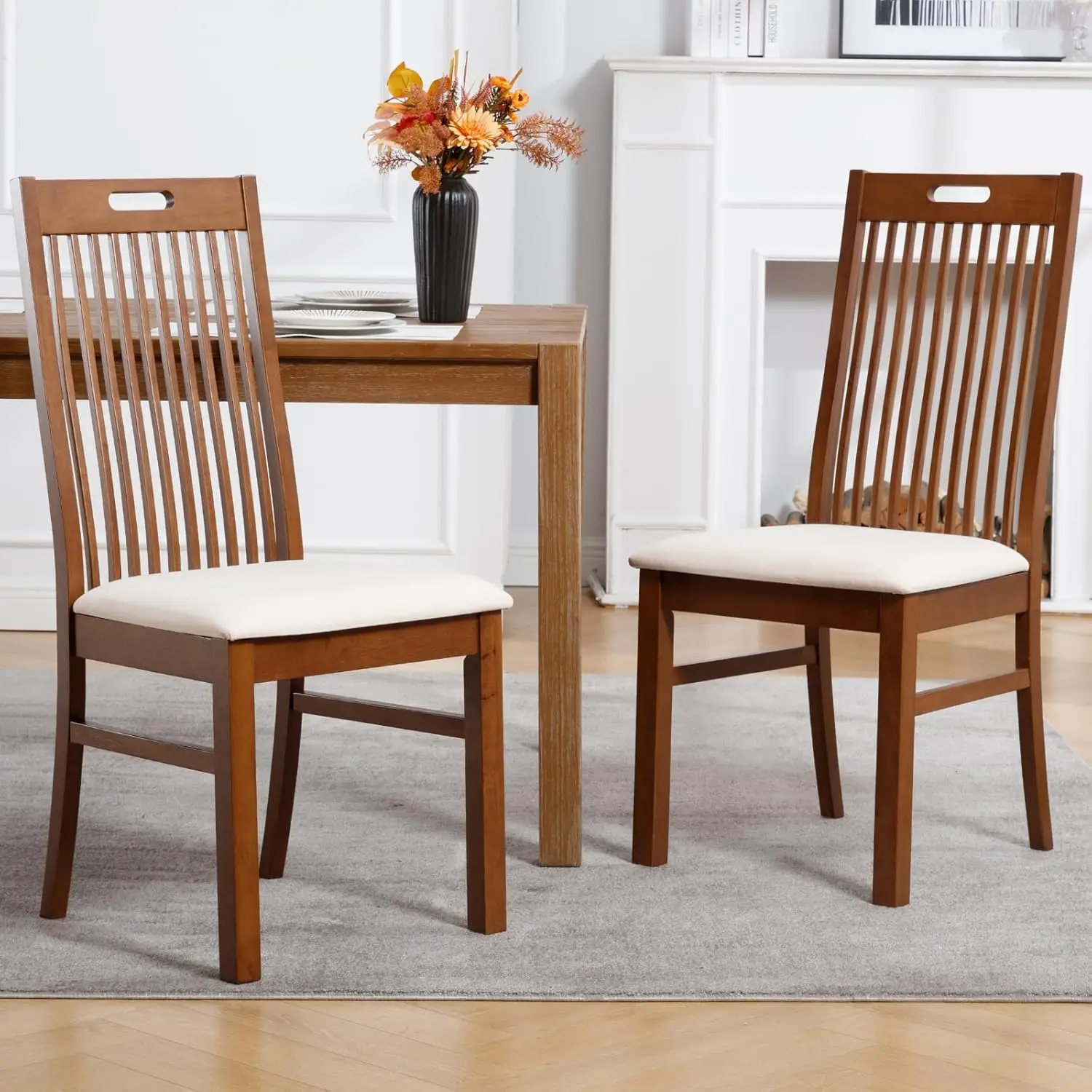 

Walnut Wood Dining Chairs 2pc Spindle High Back Upholstered Seat Kitchen Dining, Customized