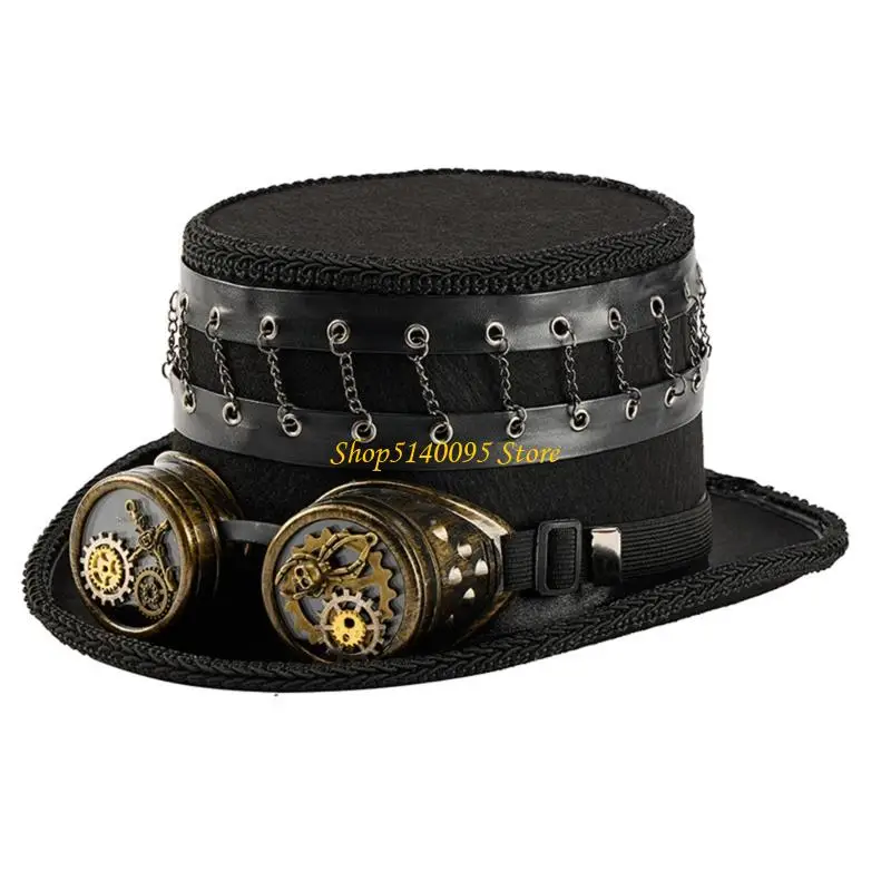 

DXAE Vintage Mechanical Chain Top Hat And Vintage Goggles Costume Accessories Top Hat For Cosplay Event And Theme Parties